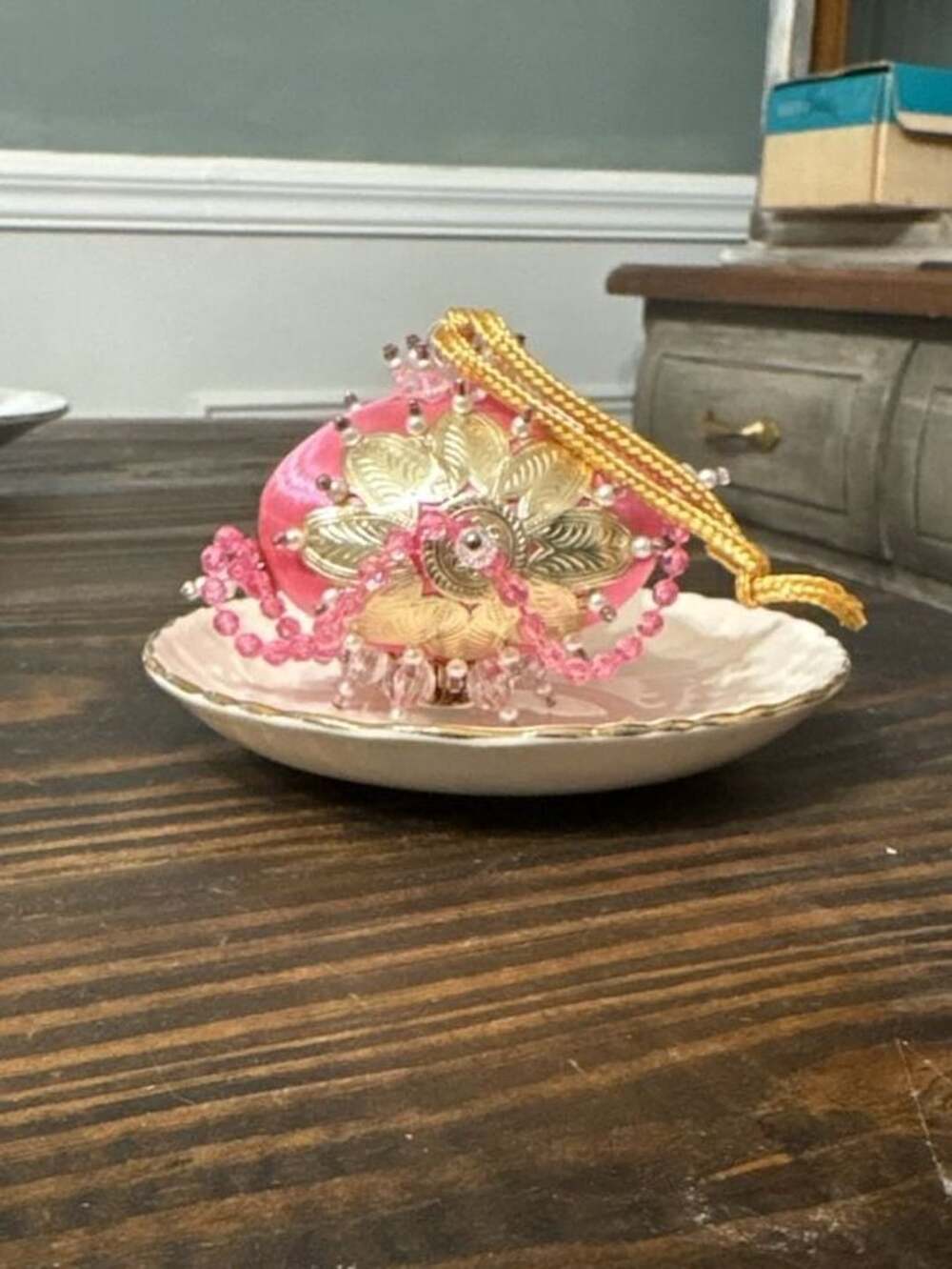 Vintage Beaded Pink Satin Egg Ornament Gold Foil Accents